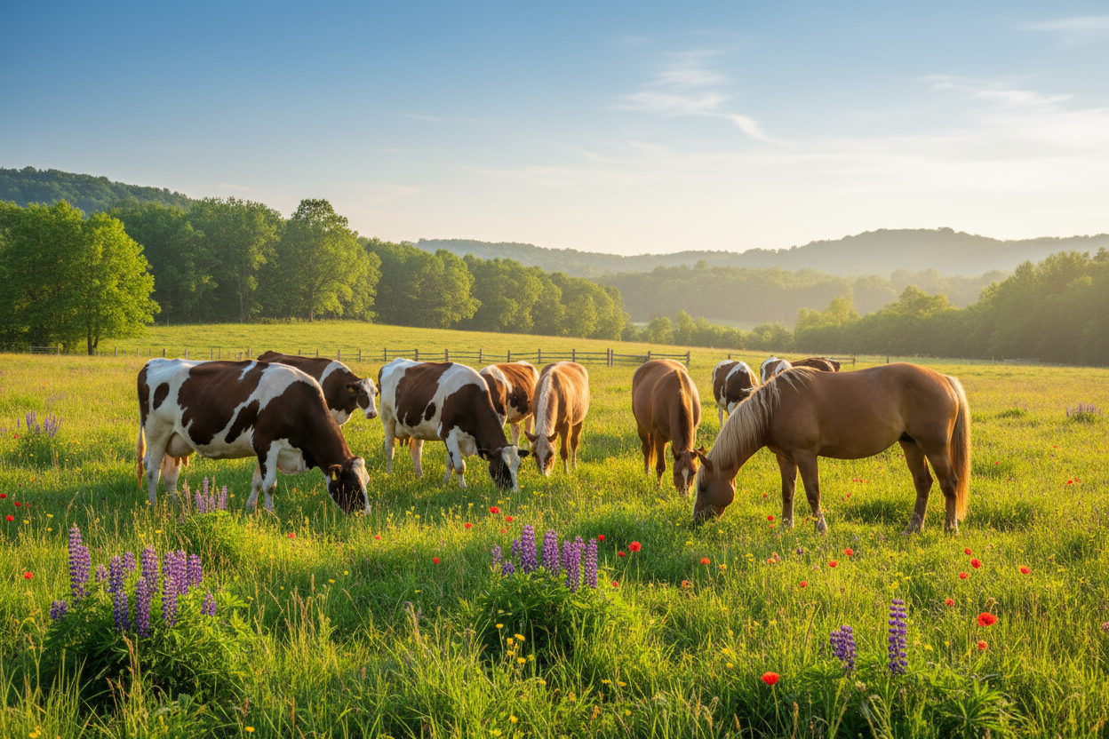 Cattle and horses in beautiful pastoral scenery