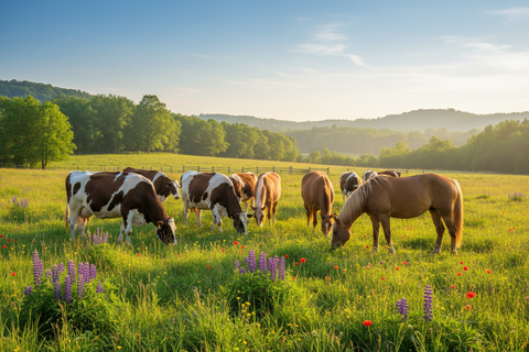 Cattle and horses in beautiful pastoral scenery
