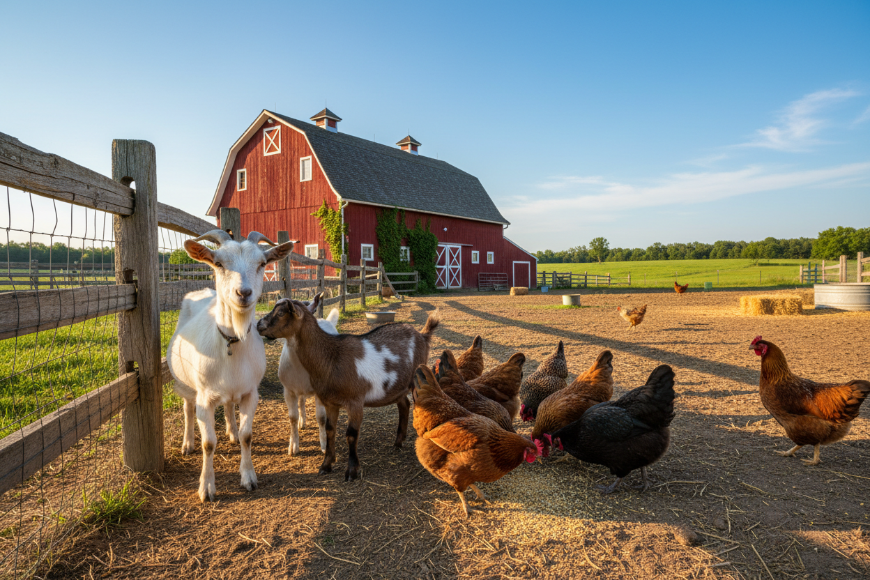 Goats and hens on farm